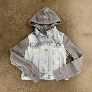 Hollister Jacket Womens Medium Blue Hooded Denim Knit Sleeves Gray Casual Hoodie